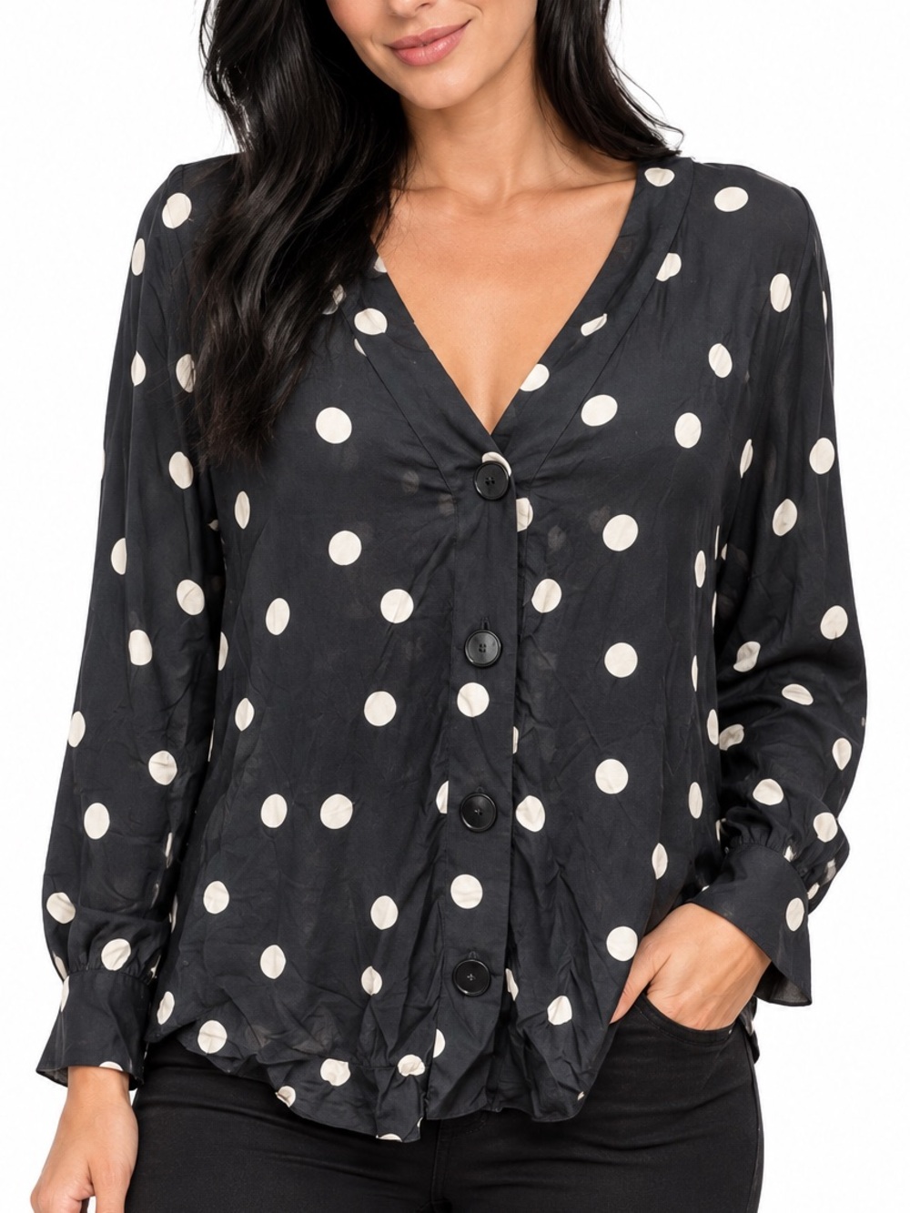 Massimo Dutti Black Button-Front Polka Dot Blouse size 6